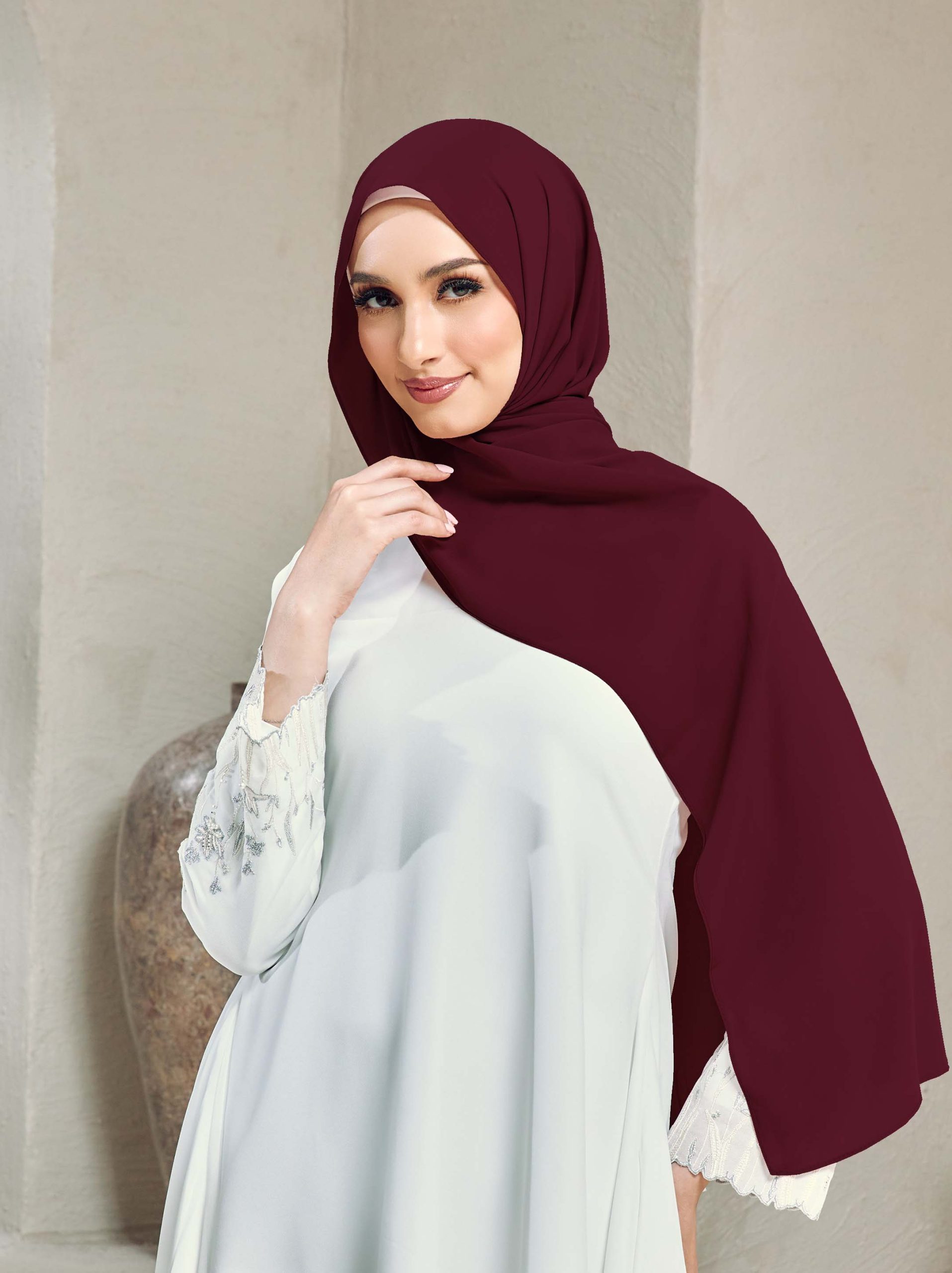 Shawl Burgundy Diamond Chiffon Premium Curve